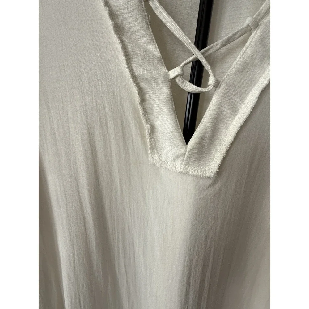 Chrysanthemum Linen Blend Mini‎ Dress Women M Ivory Puff Sleeve Lace Up Cottage